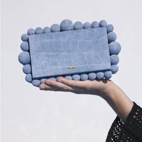Cult Gaia Maya Blue Eos Clutch Structured Embossed Croc Suede Leather Box Bag - Picture 1 of 15